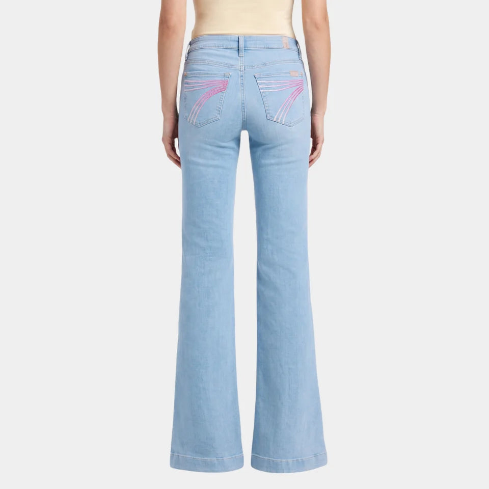 Back view of 7 For All Mankind Air Haze Dojo light wash flare jeans with faded pink 7 pockets – Seven Acres Canada