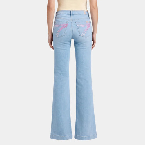 Back view of 7 For All Mankind Air Haze Dojo light wash flare jeans with faded pink 7 pockets – Seven Acres Canada