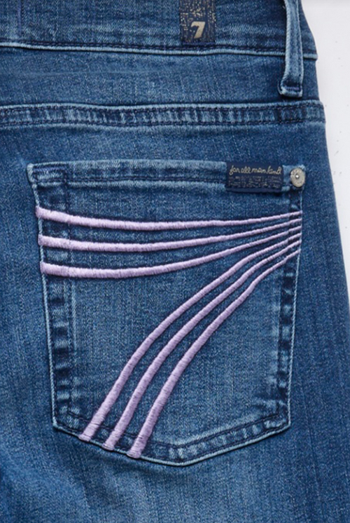 Close-up of signature 7 back pocket on 7 For All Mankind Sky Breeze Dojo women’s jeans – Seven Acres Canada